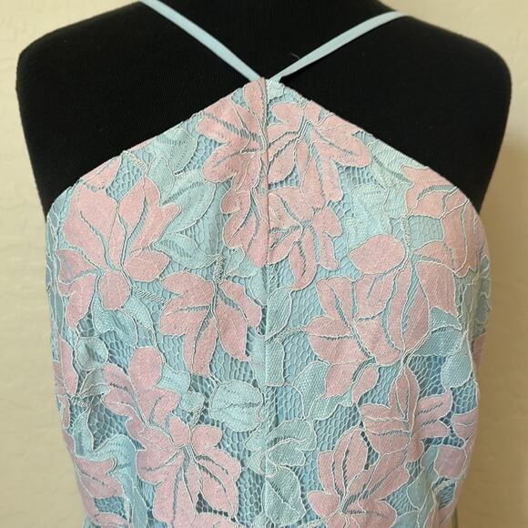 Lulu's Loving Thoughts Light Blue & Pink Halter Neck Lace Mini Dress Size M - Picture 6 of 16